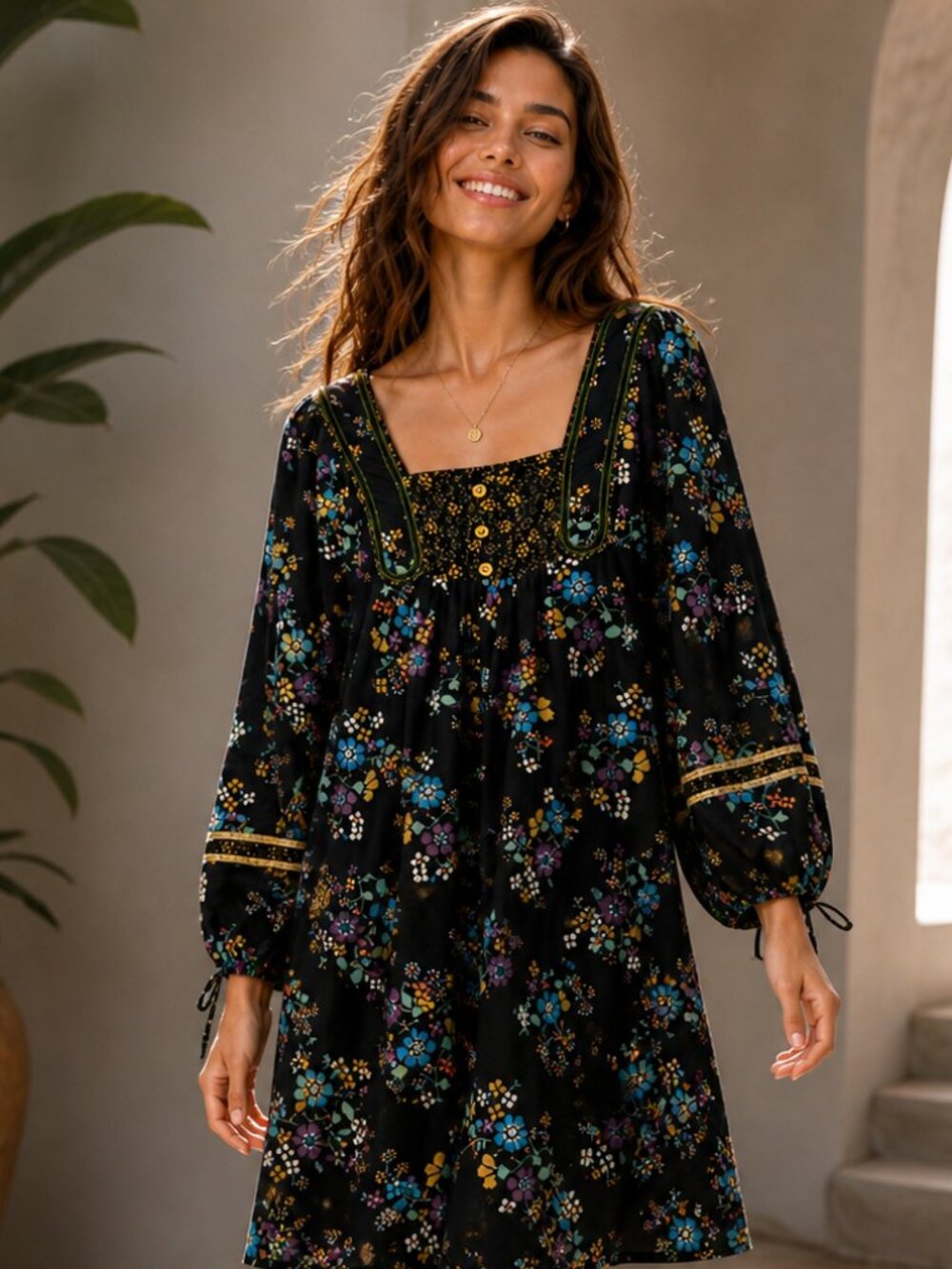 Zara Black Floral Midi Dress with Purple & Teal Accents Size:M